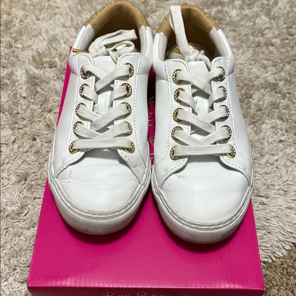 Lilly Pulitzer Lux Hallie White and Gold Sneakers (2) - Picture 1 of 9